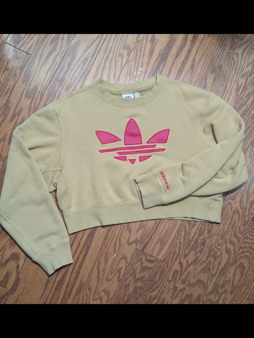 Adidas Women's Beige Cropped Sweatshirt with Pink Logo